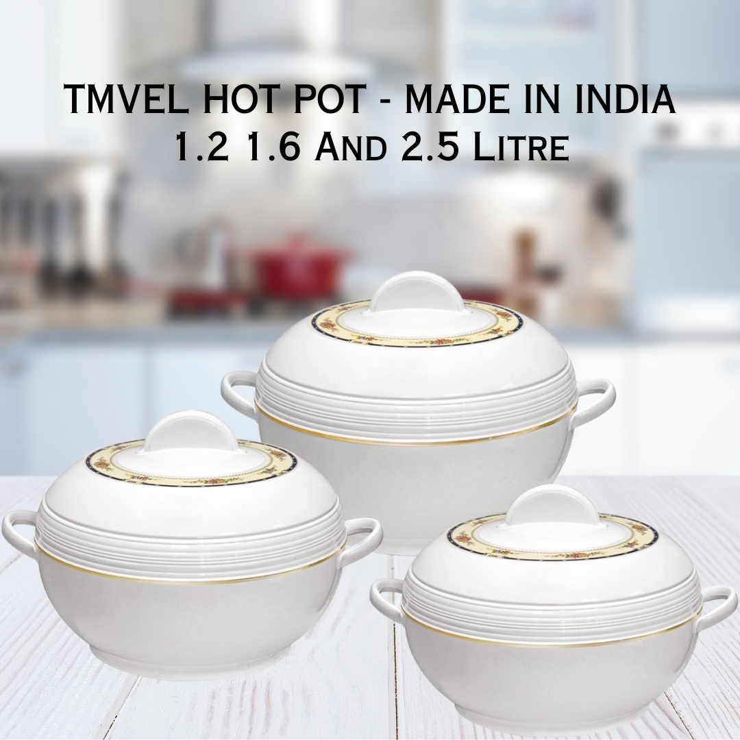 Tmvel Ambient Insulated Casserole Hot Pot Hot Pack Food Warmer 3 Pieces Set, 1.6 L, 2.5 L, 3.5 L (White)